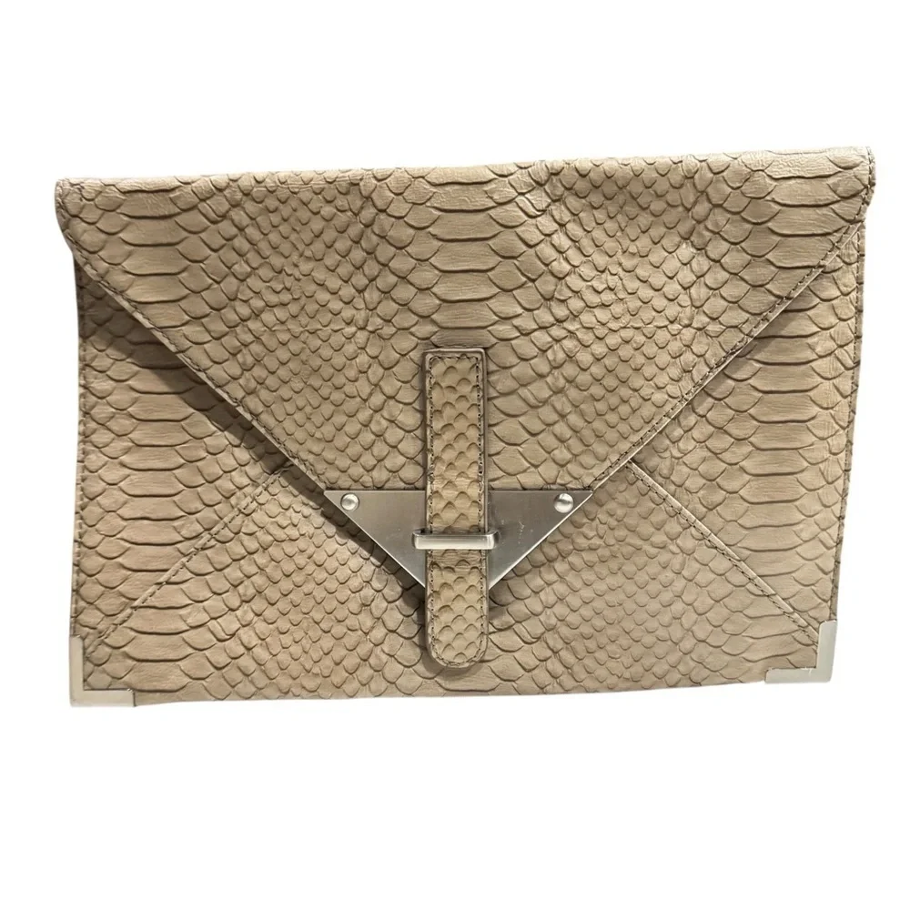 Tarnish Leather envelope-style clutch snakeskin texture, silver-toned hardware